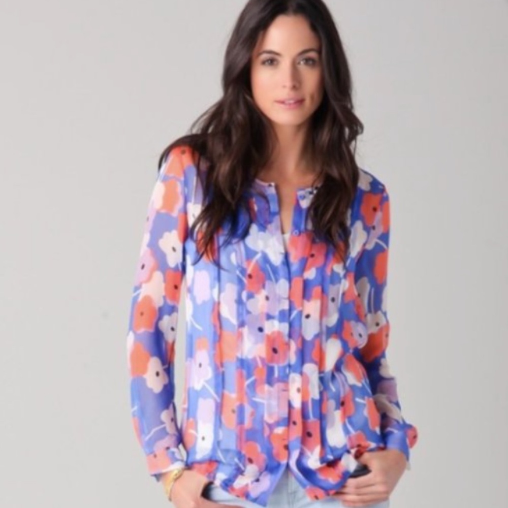 Diane Von Furstenberg Francesca Silk Blue Floral Sheer Pleated Blouse Sz 2 Boho